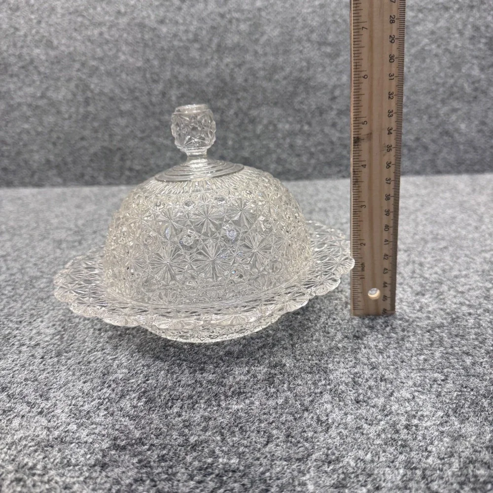 Vintage Glass Butter Dish Round Clear Daisy Button Pattern Domed Lid Farmhouse